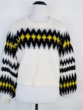 A.L.C. Sweater sz. Small Alpaca Wool White Brown Balloon Sleeves Diamond Pattern